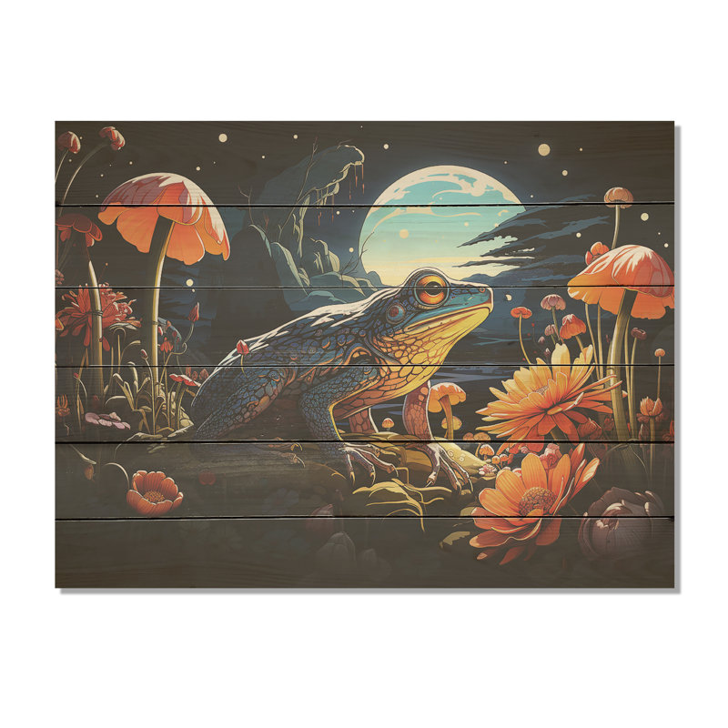Cosmic Art Frog I - grenouilles et crapauds, art mural sur bois de pin naturel, H 30 po x l 40 po