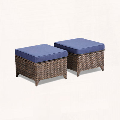 Outdoor PE Wicker Ottoman Set of 2 with Plush Cushions
