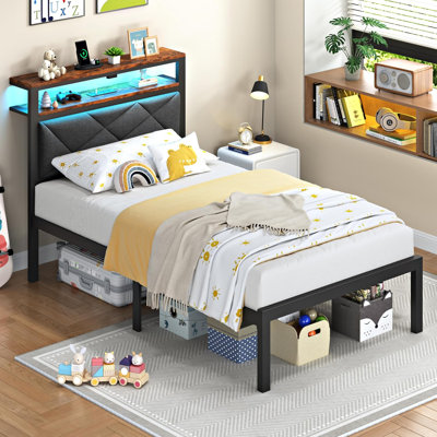 Modern RGB LED Lights Upholstered Platform Bed Frame with Wood Storage Headboard & USB Charging Ports, Noiseless Low Profile Footboard with Open Shelving. Twin