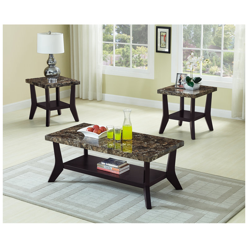 Ensemble de tables basses contemporaines 3 pièces avec dessus en faux marbre, table de centre rectangulaire et deux tables de bout assorties, finition brune avec tablettes de rangement intégrées