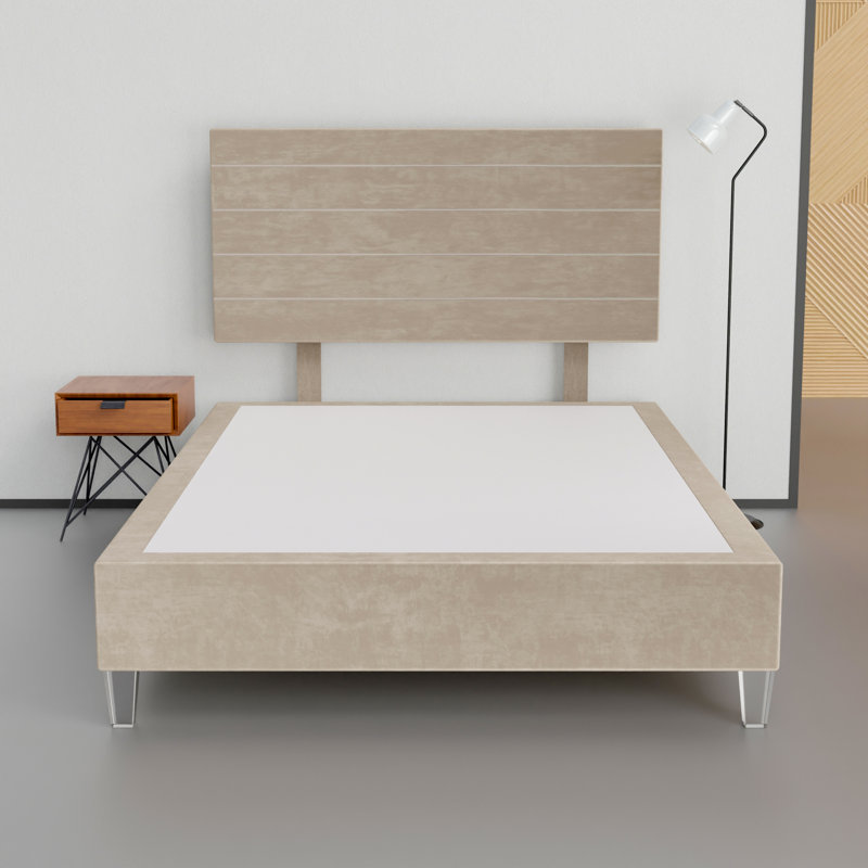 15" Premium Velvet Material Box Spring/Bed Frame With Headboard, Durable & Stylish Acrylic Legs, Beige, Twin