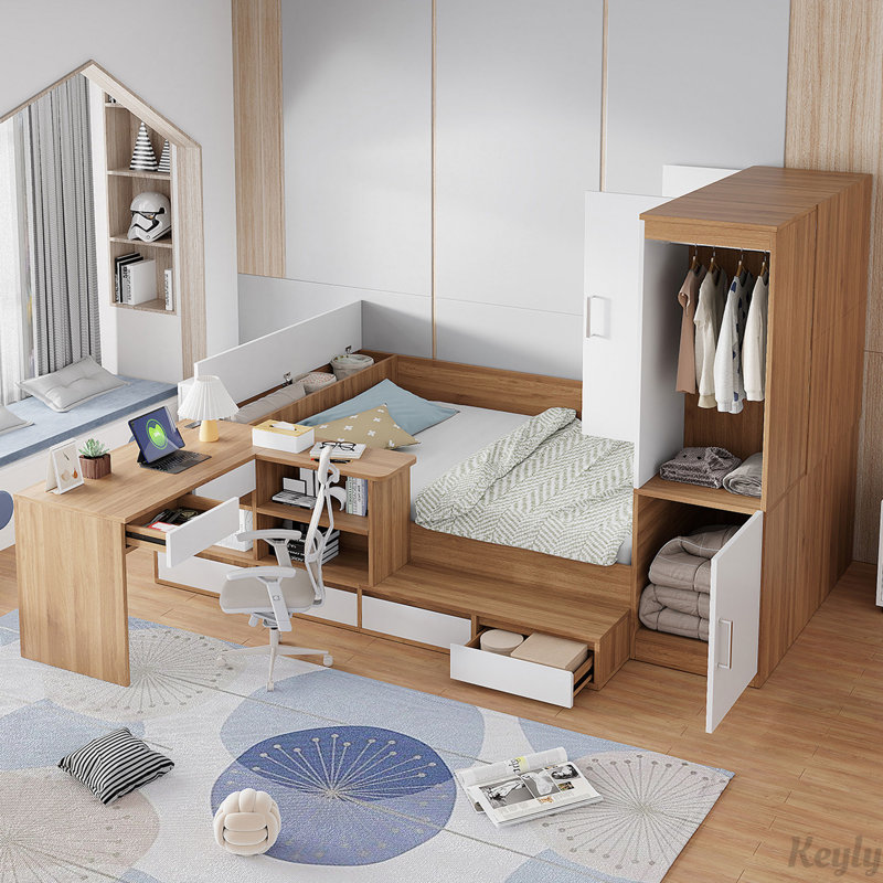 Lit plateforme en bois avec 6 tiroirs, tablettes, bureau et garde-robe, Naturel