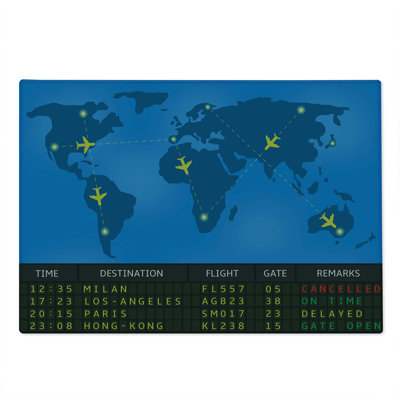 Ambesonne Airport Cutting Board Large Size Departure Board World Map Azure Blue Multicolor