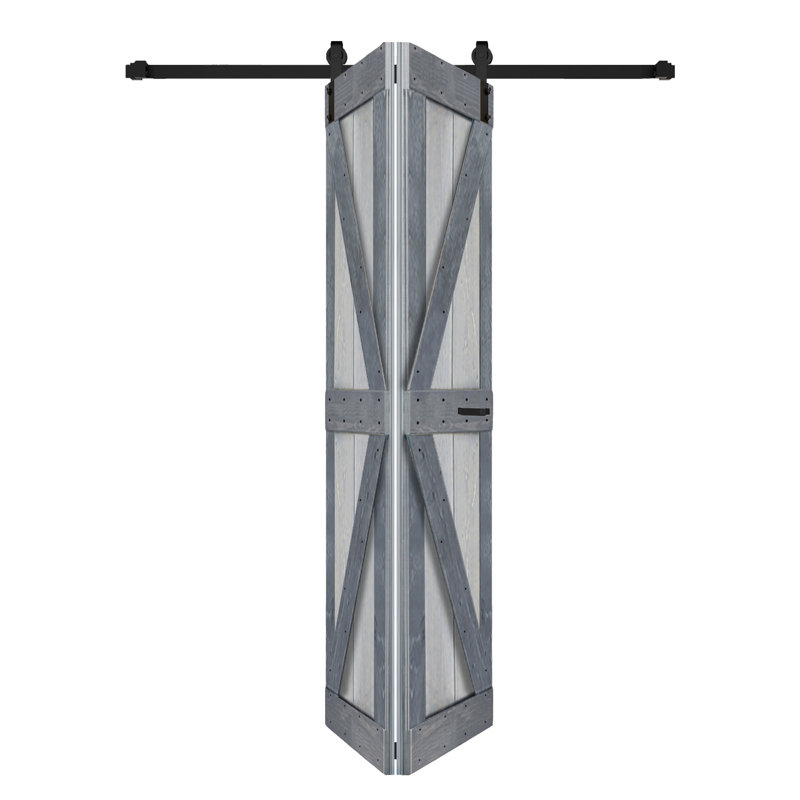 Porte de grange pliante en bois massif de style K avec trousse de quincaillerie - assemblage requis, Gris français