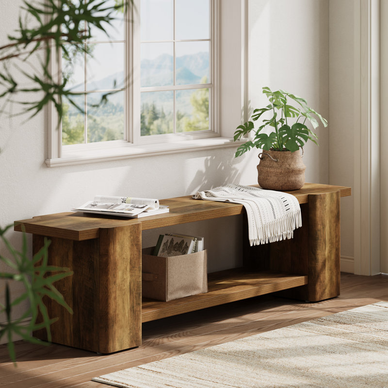 Upholstered Bench with Shelves