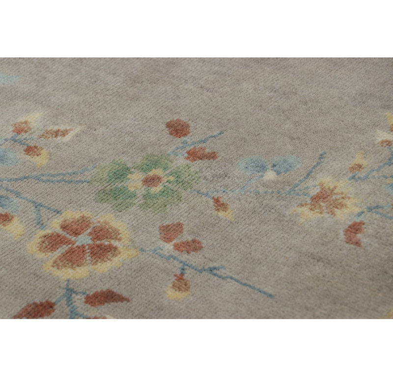 Art Deco Hand Knotted Wool Floral Area Rug, Rectangle 8' x 10'