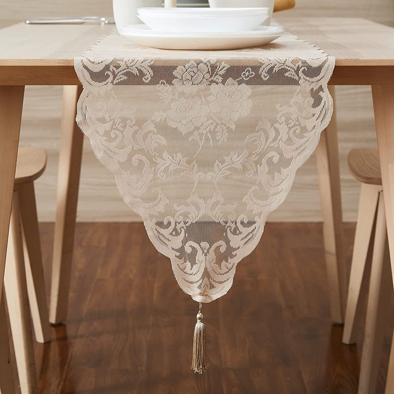 Lace Table Runner With 2 Tassels, 14" x 96", Beige