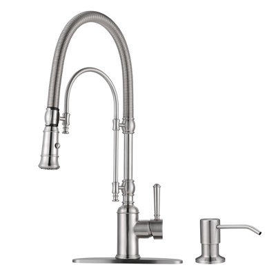 Single Handle Pull Down Sprayer Kitchen Faucet with Soap Dispenser in Brushed Nickel
