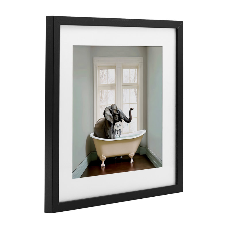 Minimal Elephant Bathtime, reproduction encadrée sous verre, conception de Sasha, H 13 po x l 13 po, Cadre noir minuit