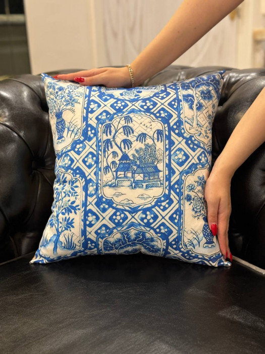 Turkish Fine Silk oriental Design Pillow 16", 24" H x 24" W, Blue/White/Malibu