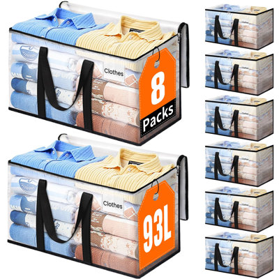 Sacs de déménagement extra larges et ultra-résistants, sacs d'emballage avec fermetures éclair fluides, poignées robustes et pochette pour étiquette, sacs de rangement pliables et imperméables, alternative aux boîtes de déménagement, 93 L, lot de 8, transparents