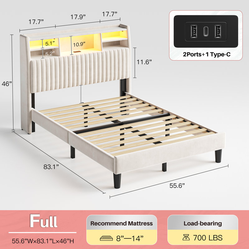 Upholstered Platform Bed With Storage Headboard, Led Lights & Charging Station, Full, Beige