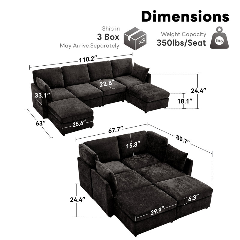 Canapé modulaire 110 po rembourré modulaire moderne, Chenille noir