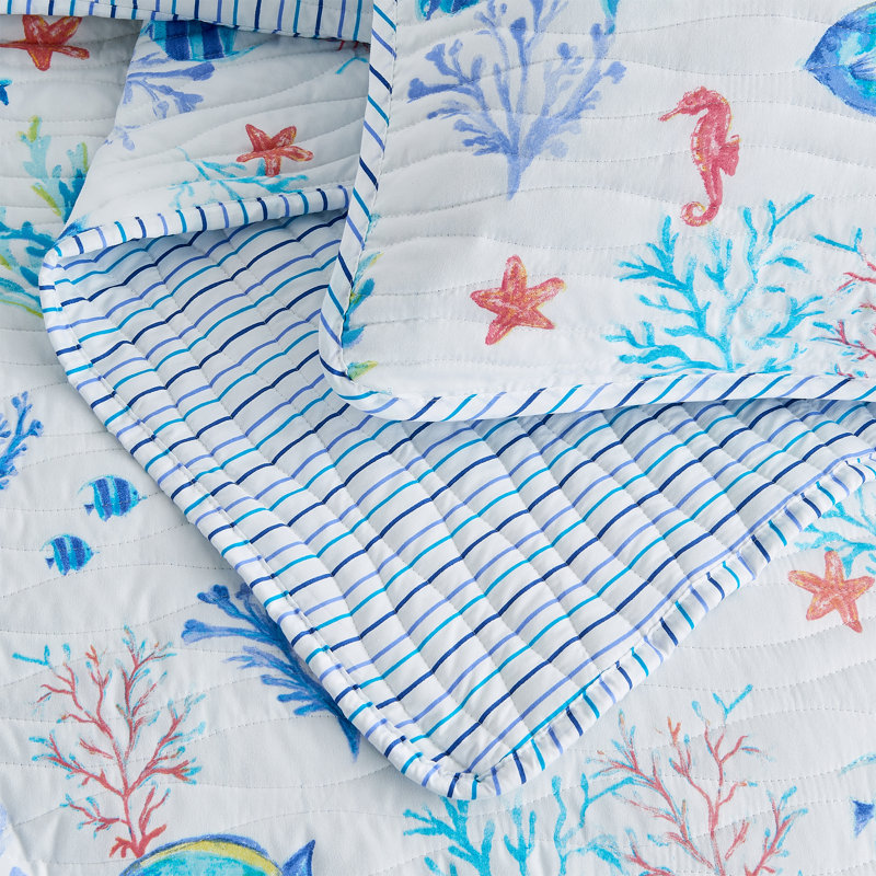 Twin Blue Microfiber Coastal Reversible Quilt Set