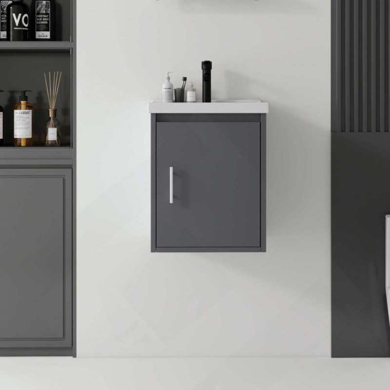 Meuble-lavabo flottant 16 po avec lavabo, porte à fermeture en douceur, lavabo en céramique, contreplaqué, Grey