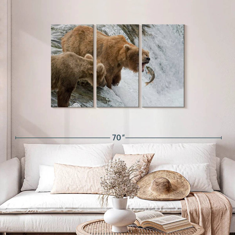 Brampt Grizzly Bears Hunting Fish, 28" H x 45" W