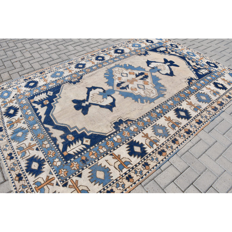 Tapis turc rétro en laine de style tribal bleu / beige