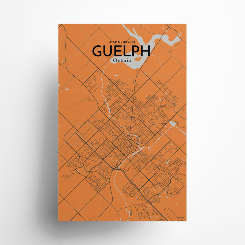 Guelph City Map, impression, H 17 po x l 11 po, Orange / gris