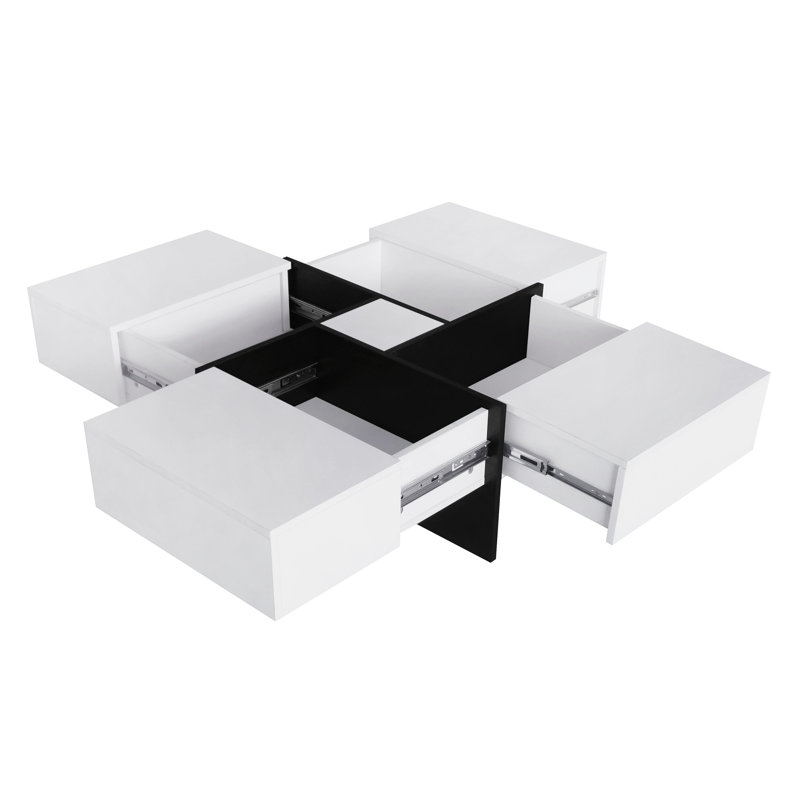 Table basse 31,5 "x 31,5", conception unique avec 4 compartiments de rangement cachés, table basse carrée avec plateau coulissant extensible, table centrale ultrabrillante UV