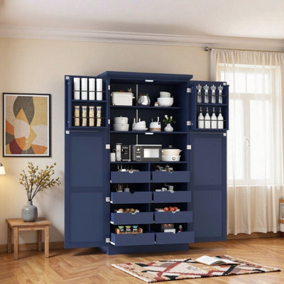 Armoire de cuisine autoportante en MDF à 4 portes avec 8 plateaux coulissants et tablettes réglables