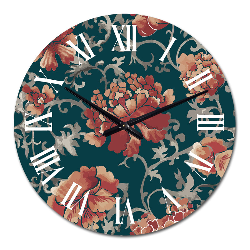 Horloge murale à motif de fleurs rouges chinoises sur fond vert foncé, Grand