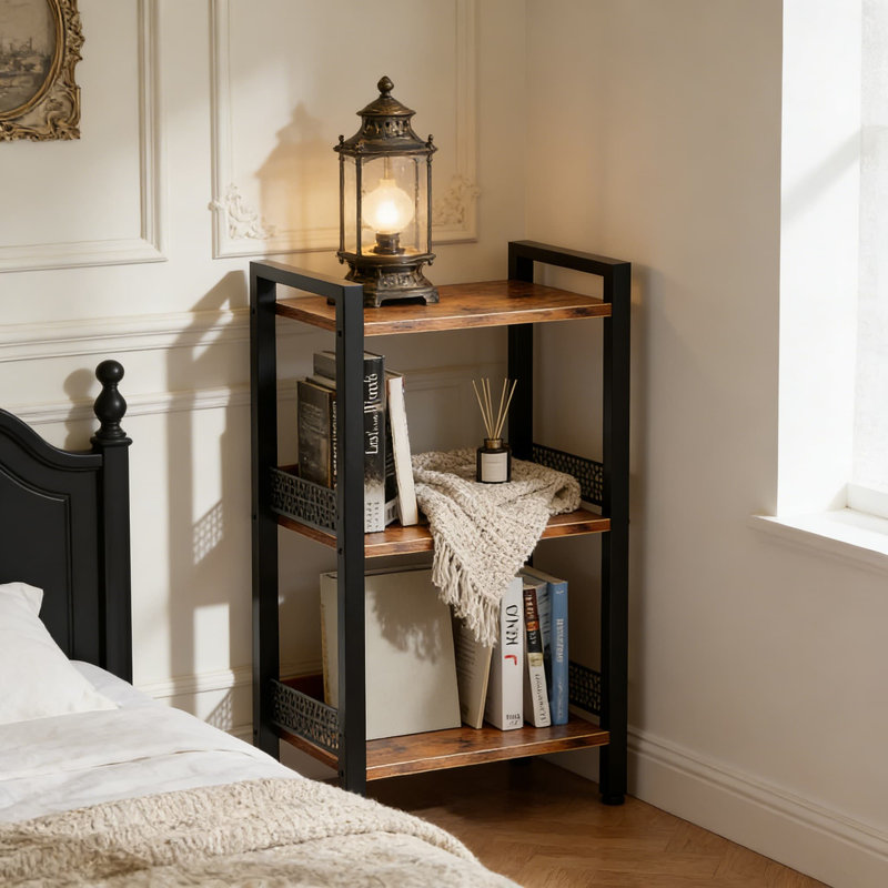 Bibliothèque à 3 niveaux avec panneau arrière, tablette de rangement industrielle pour la maison, le bureau, la chambre à coucher et le salon, conception peu encombrante pour les livres et la décoration