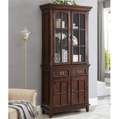 Grande armoire de rangement en bois rustique avec portes en verre et deux tiroirs