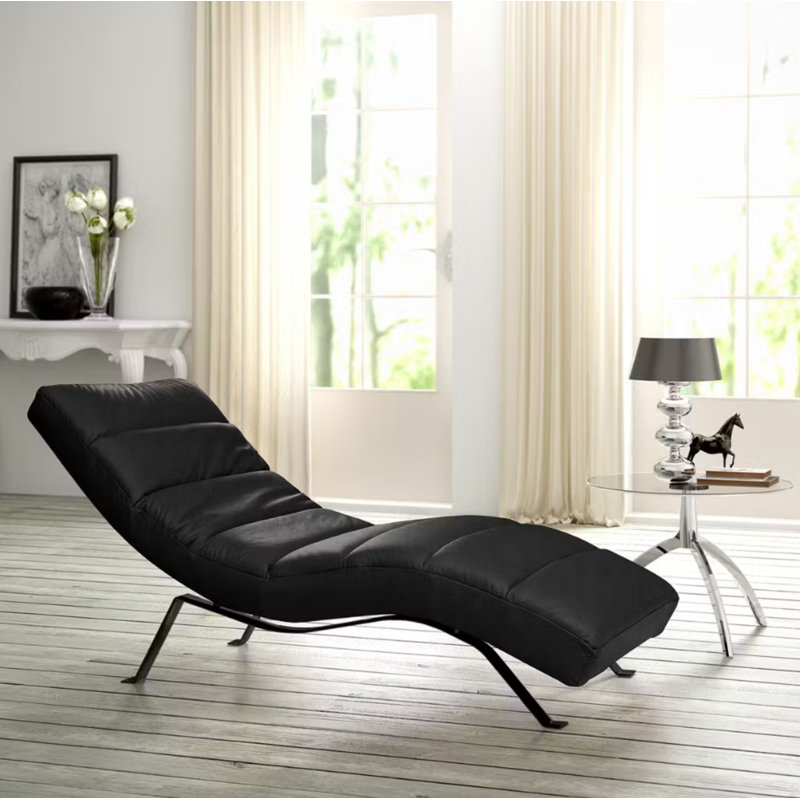 Crosby Upholstered Leather-look Fabric Chaise Lounge with Adjustable Backrest, Black, Black