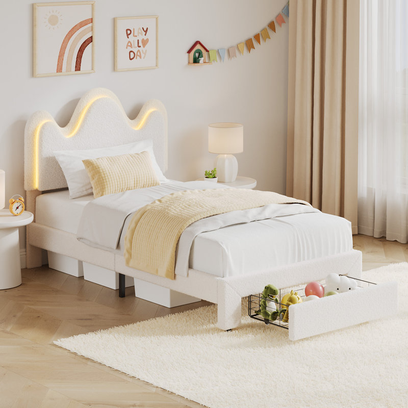 Twin Size RGB LED Light Upholstered Platform Bed Frame with App/Remote Control, Adjustable Headboard & Under-Bed Storage Drawer, Wooden Slats, Noise-Free, No Box Spring Needed, Easy Assembly - White