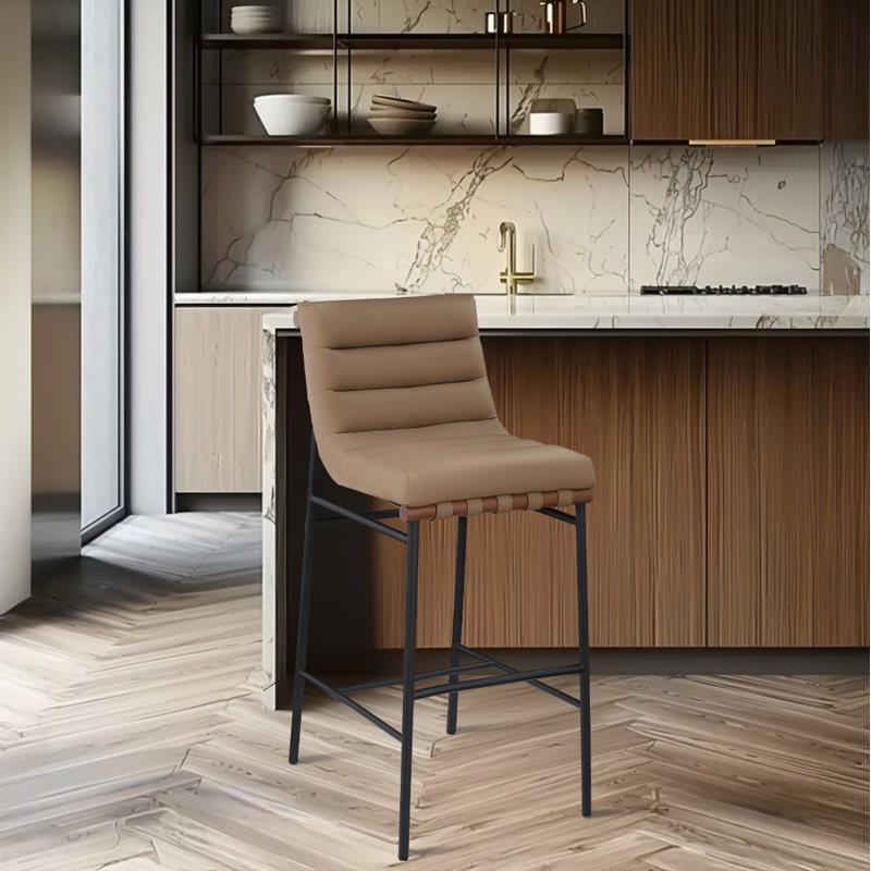 Tabouret de comptoir Vincentas, Cuir brun clair végétalien, Tabouret de bar (siège d'une hauteur de 29,9 po)