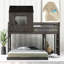 Lit superposé gris antique avec maisonnette et lit simple au-dessus de pleine grandeur, construction en bois massif pour garde-corps en bois, loft, pin