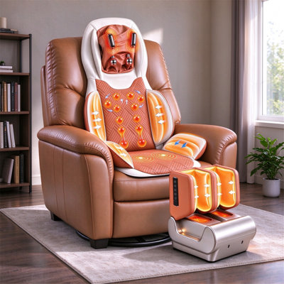 Coussin de fauteuil de massage 2 en 1 avec massage des pieds et des mollets, massage de la chaleur, des vibrations et de l'air, pétrissage profond des tissus shiatsu, dossier inclinable à 180 degrés, hauteur de cou réglable à 3 niveaux et intensité 