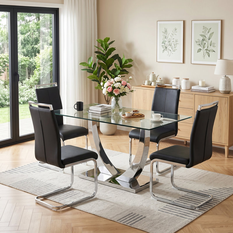 Joniya Modern 63" Rectangular Tempered Glass Dining Set Metal U Base Table with Faux Leather Cantilever Chairs, 5, Silver