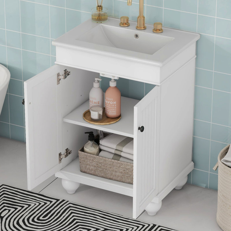 Lavabo de salle de bain élégant en céramique avec cadre en bois massif, tablette réglable, Blanc