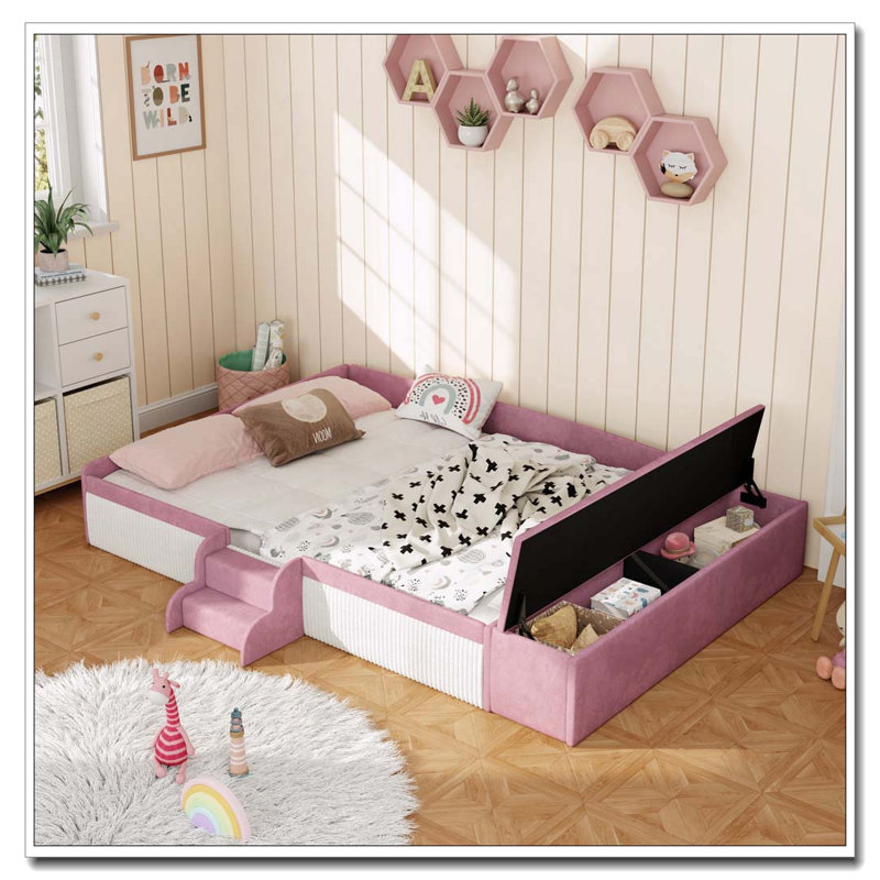 Velvet Upholstered Daybed with Stairs, Gas Lift Storage Ottoman, Queen, Pink+White