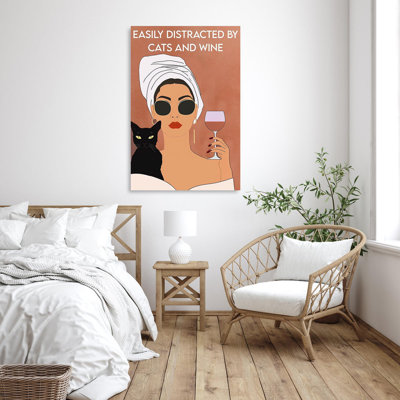«Woman Easily Distract By Cats And Wine», impression sur toile
