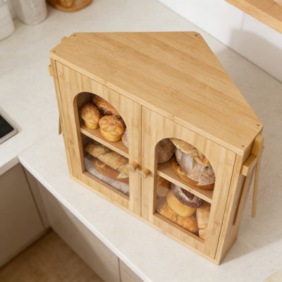 Corner Bread Box For Kitchen Countertop, 2-Tier Bamboo Bread Storage Container With Clear Acrylic Door, Airtight Farmhouse Bread Bin Organizer