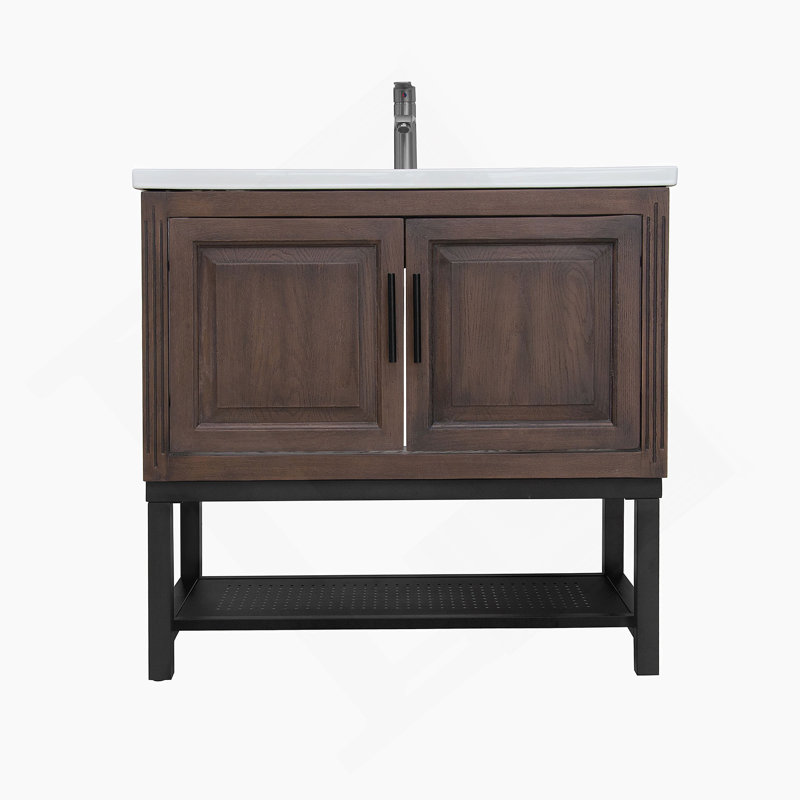 Meuble-lavabo 36 po avec lavabo en céramique blanc et robinet d'eau chaude et froide, armoire de salle de bain autoportante avec 2 portes de rangement et tablette ouverte en fer pour la salle de bain