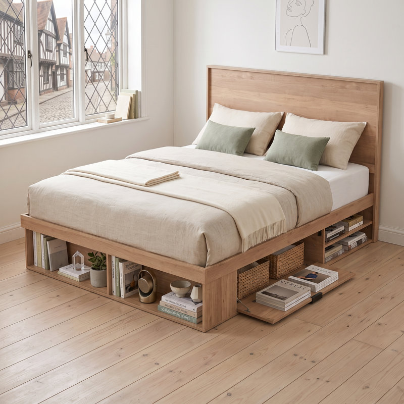Lit plateforme moderne en bois de style champêtre avec tête de lit à panneaux et système de rangement à trois zones, Queen, chêne clair