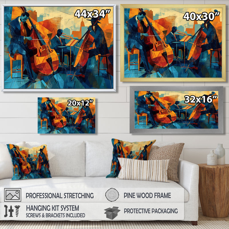 Jazz Silhouettes rétro bleu et brun - art mural musicien, Toile tendue, H 12 po x l 20 po x P 1 po