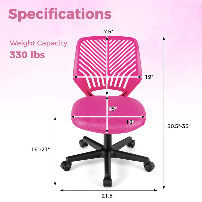 Chaise de bureau ergonomique à hauteur réglable pour enfants avec roulettes Costway, Rose