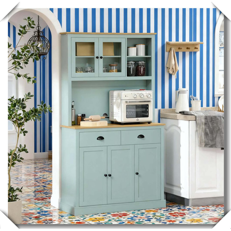 Kitchen Pantry Storage Cabinet Buffet Hutch Drawers Glass Doors Adjustable Shelves Anti-Tipping