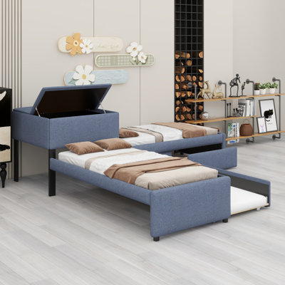 L-Shaped Platform Bed with Trundle, Storage Drawers, and Attached Desk