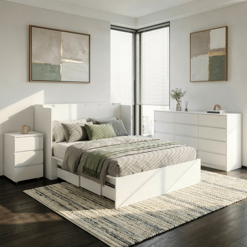 Ensemble de chambre à coucher moderne blanc - lit de rangement pliant complet, commode à 12 tiroirs et table de chevet avec pieds en métal