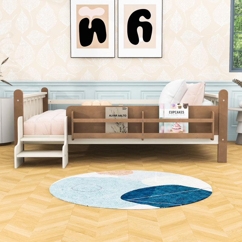 Lit sur pied avec bibliothèques de rangement et garde-corps, Lit double, Beige