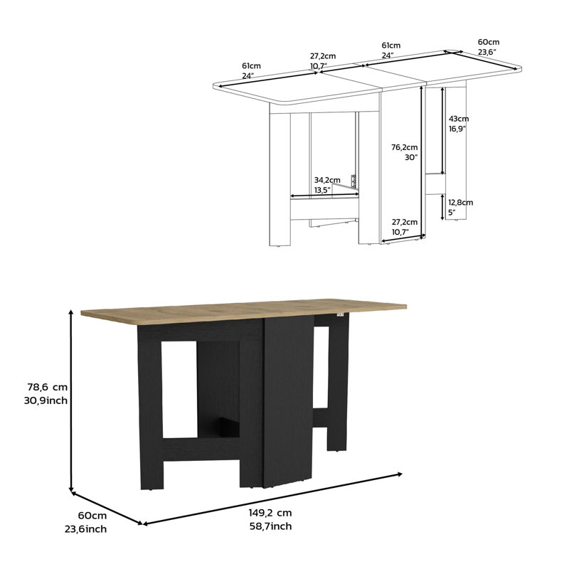 Table pliante avec design extensible en 3 formes, noir / Macadamia