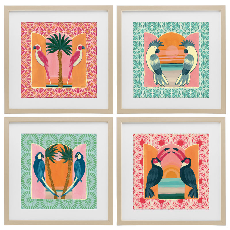 Ensemble de 4 motifs symétriques d'oiseaux symétriques sous-verre encadrés, design par Yvette St. Amant, 13" H x 13" W