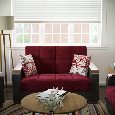 Upholstered Convertible Wood Trimmed Loveseat With Storage, Microfiber, Pu Polyester