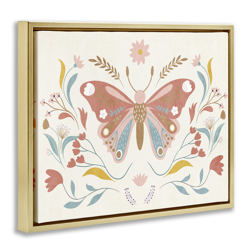«Boho Folk Butterfly», art mural encadré flottant par Kim Allen, H 17 po x l 21 po, Cadre flottant métallique doré