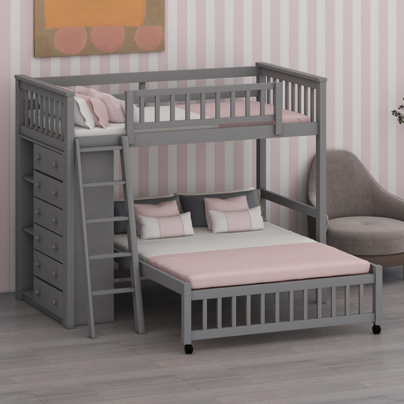Lit superposé peu encombrant avec tablettes de rangement flexibles et lit à roulettes, Gris